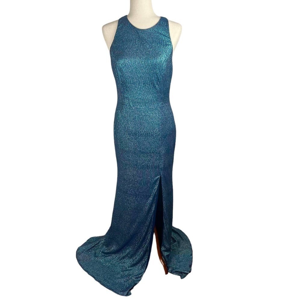 Dessy Collection 3063 Midnight Blue Metallic Column Gown High Slit 10R - Picture 5 of 16